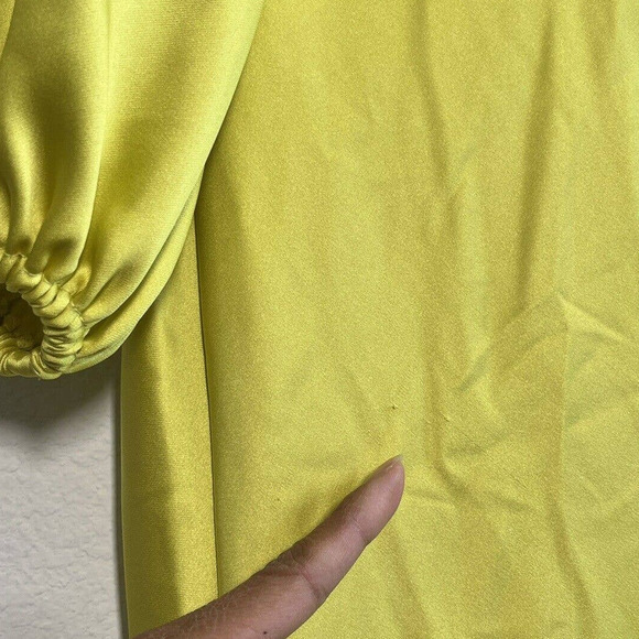 New never used Ieena Mac Duggal Chartreuse Satin Long Blouson Slv Gown s… - Picture 10 of 16